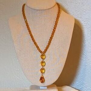 Lauffer Gold Tone Amber Color Crystal Bead Necklace with Faceted Teardrop Dangle
